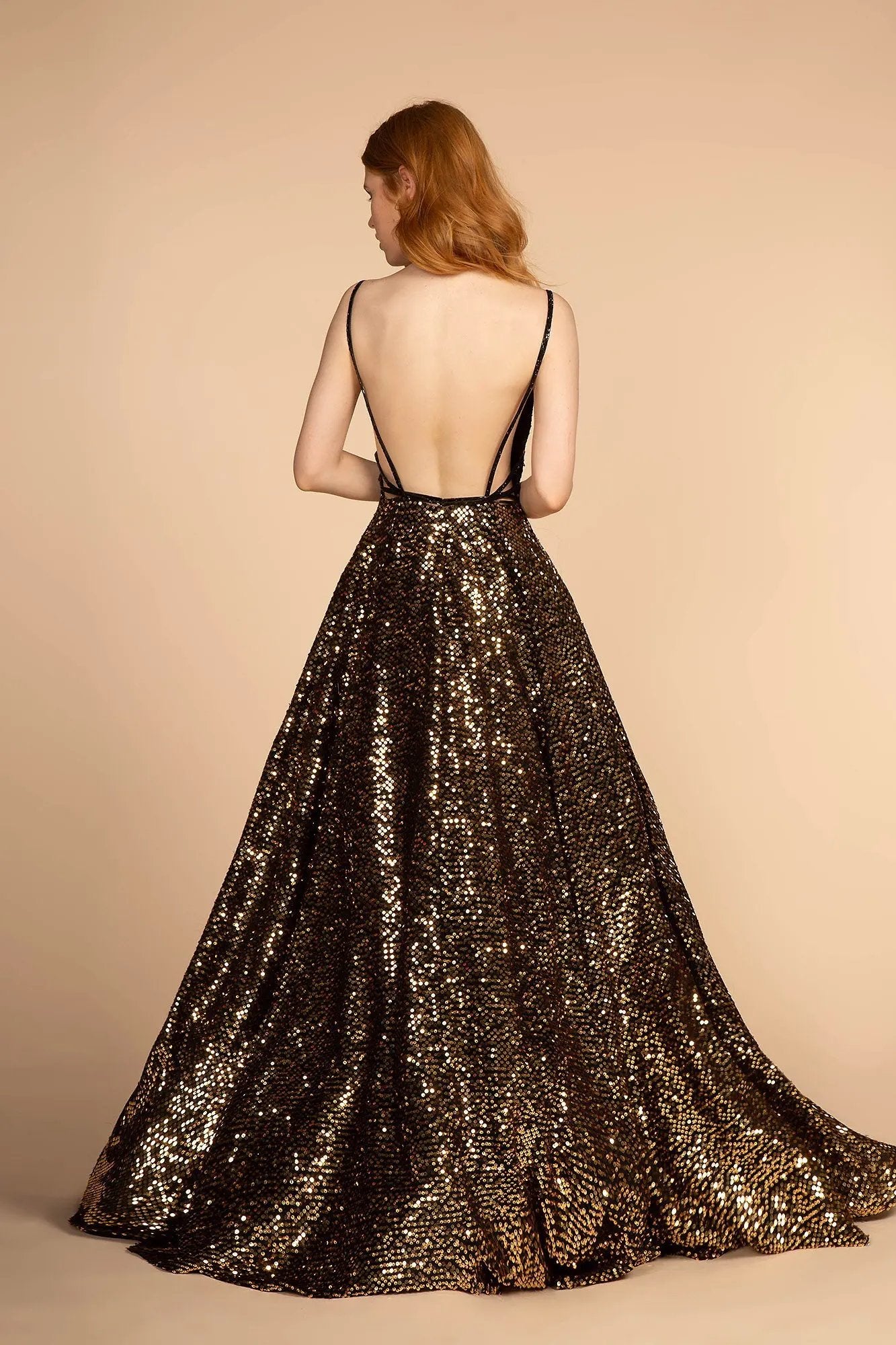 Illusion Deep V-Neck Sequin Ball Gown w/ Open Back by Tux-USA