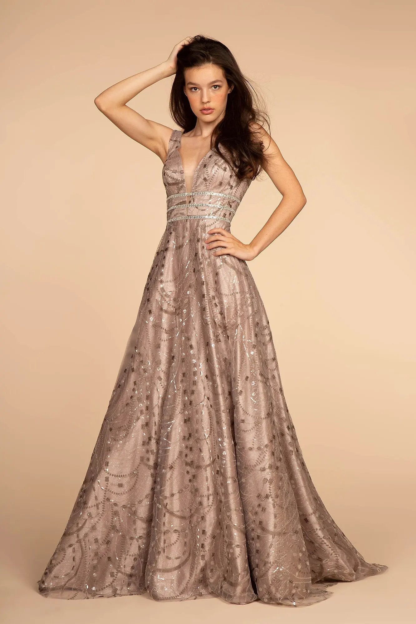 Jewel Embellished V-Neck Mesh A-Line Dress by Tux-USA