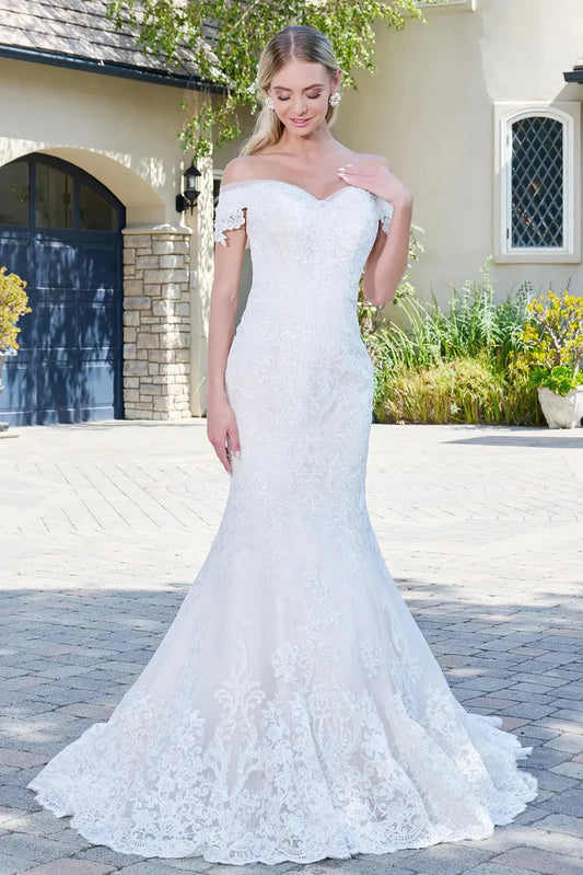 Mermaid Wedding Dress With Off-The-Shoulder Design And Embroidered Mesh by Tux-USA