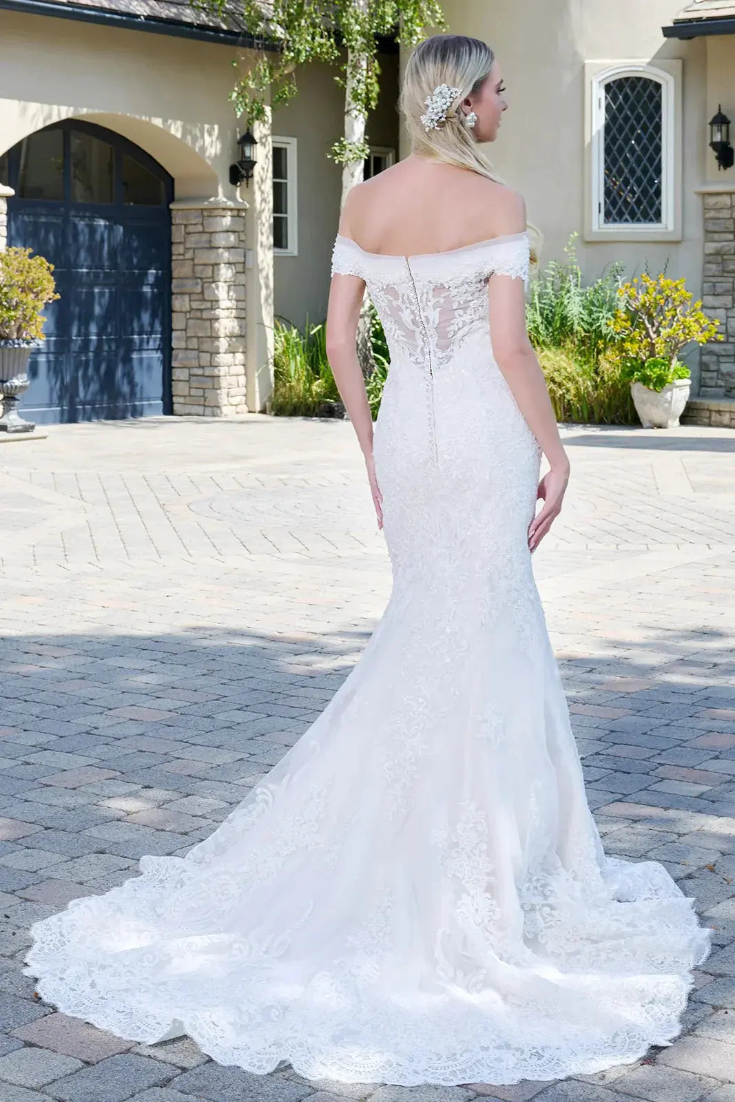 Mermaid Wedding Dress With Off-The-Shoulder Design And Embroidered Mesh by Tux-USA