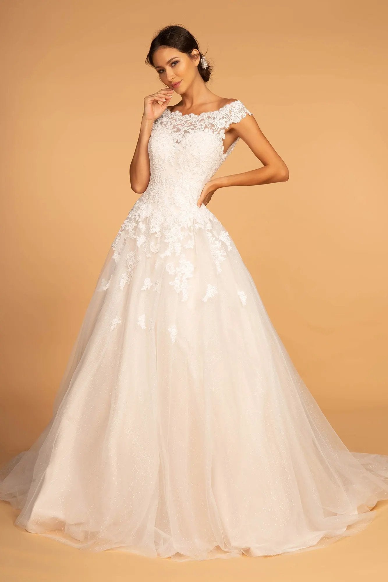 Boat-Neck Embroidered Mesh A-Line Wedding Gown by Tux-USA