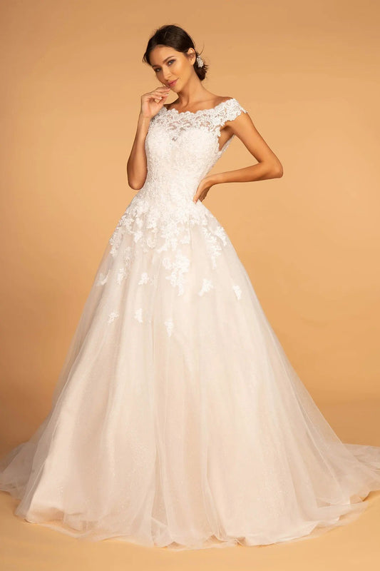 Boat-Neck Embroidered Mesh A-Line Wedding Gown by Tux-USA