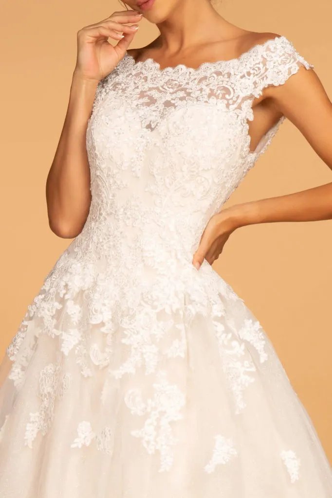 Boat-Neck Embroidered Mesh A-Line Wedding Gown by Tux-USA