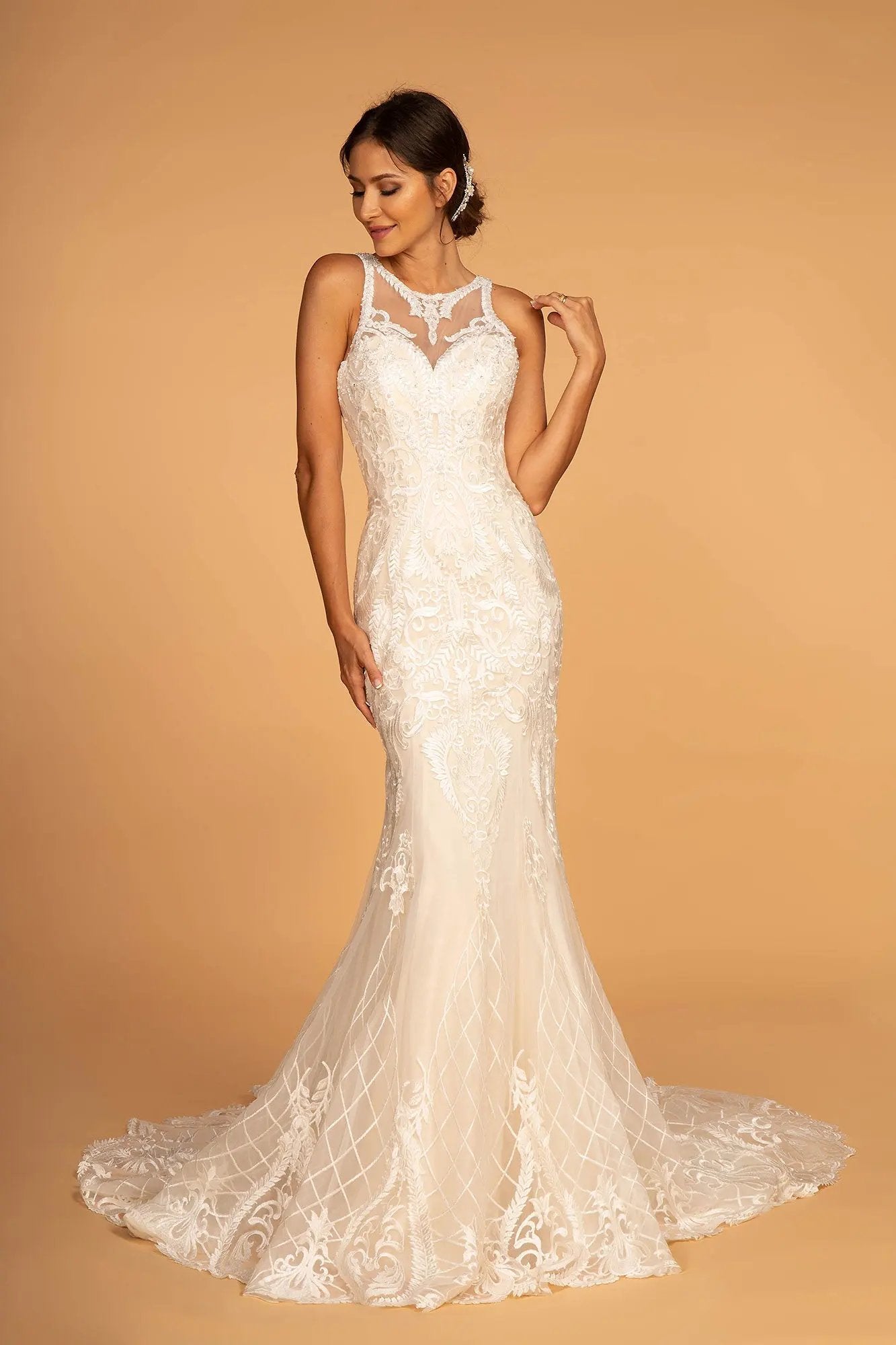 Cut-Out Back Embroidered Mesh Mermaid Wedding Gown by Tux-USA