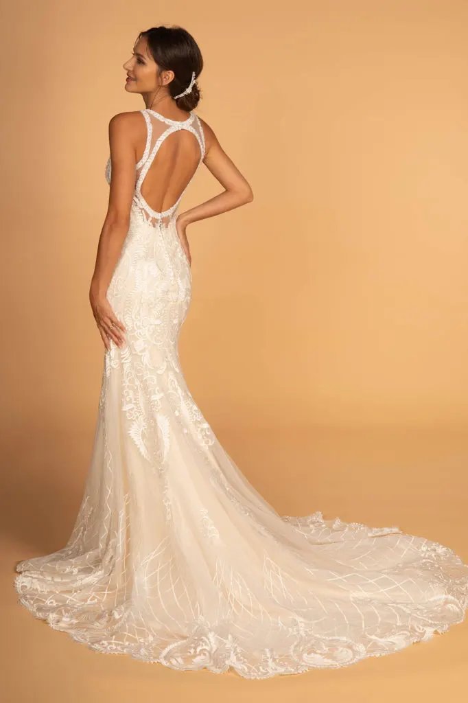 Cut-Out Back Embroidered Mesh Mermaid Wedding Gown by Tux-USA