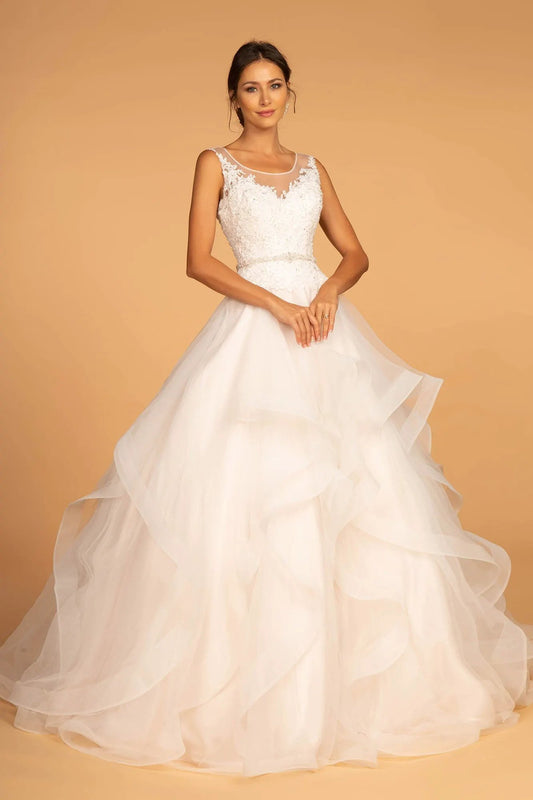 Embroidered Bodice Layered Hem Tulle Wedding Gown by Tux-USA