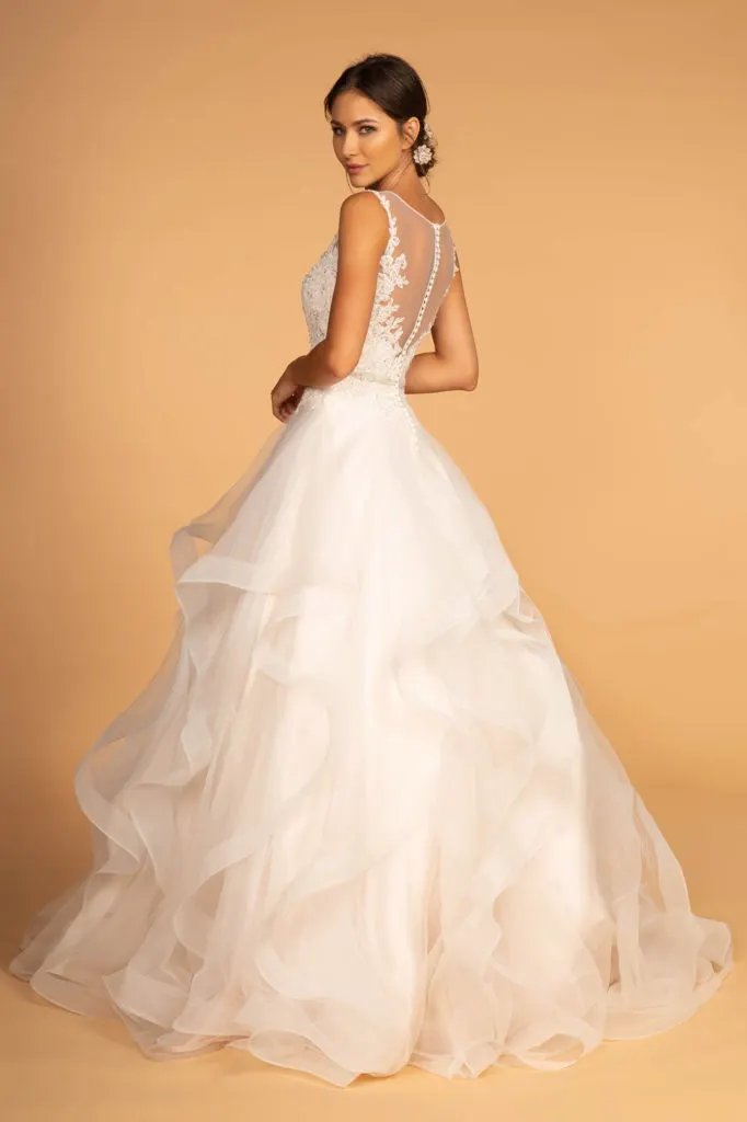 Embroidered Bodice Layered Hem Tulle Wedding Gown by Tux-USA