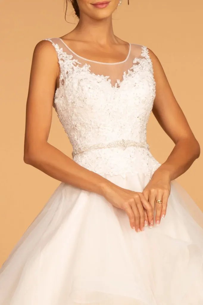 Embroidered Bodice Layered Hem Tulle Wedding Gown by Tux-USA