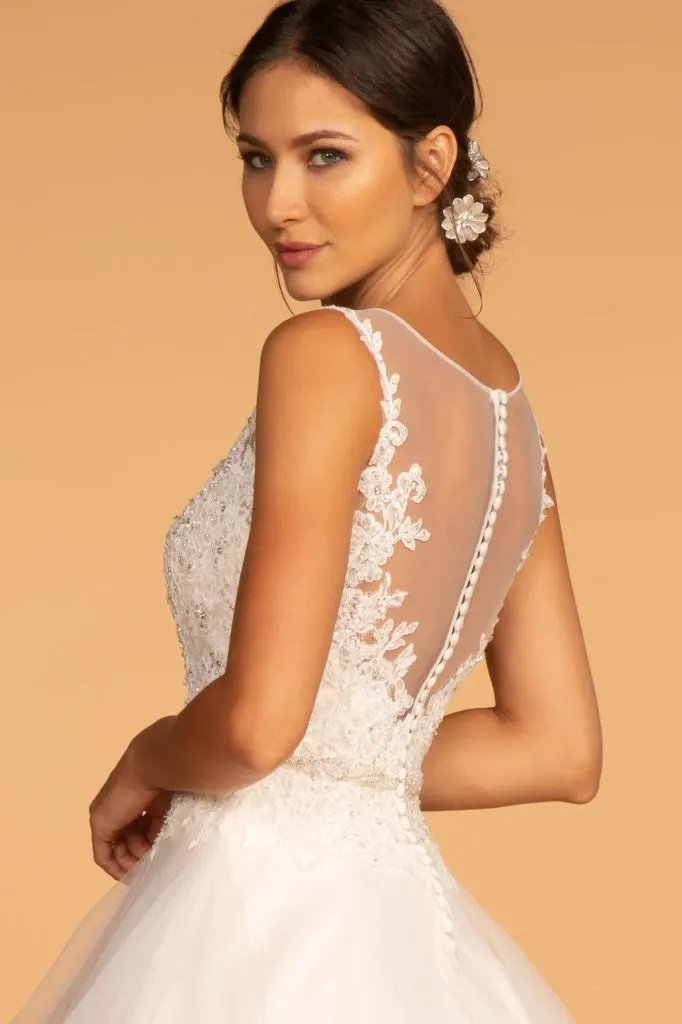 Embroidered Bodice Layered Hem Tulle Wedding Gown by Tux-USA