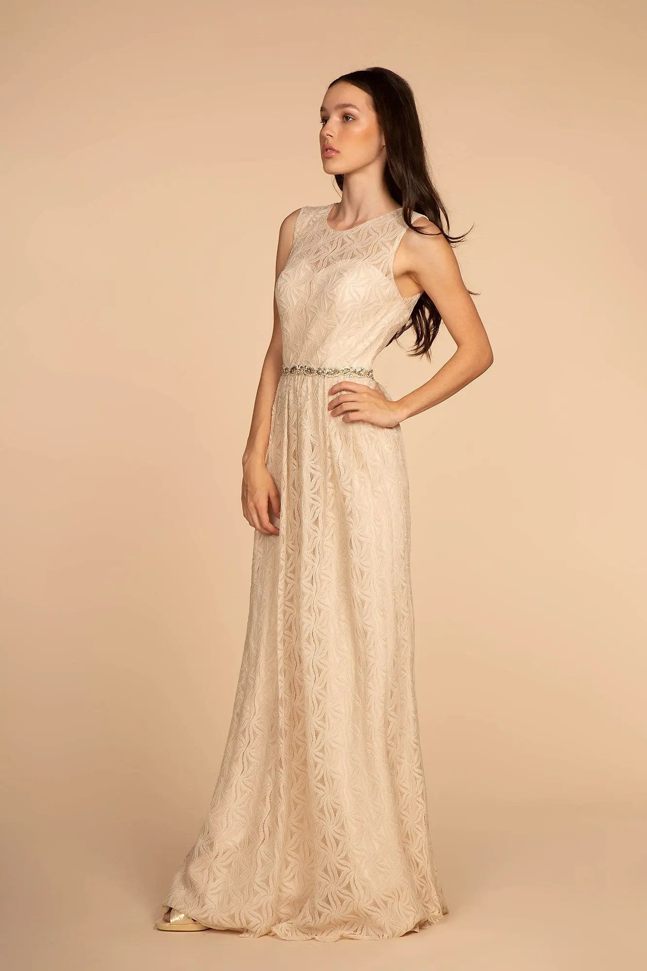 Jewel Embellished Waist Lace Long Dress by Tux-USA