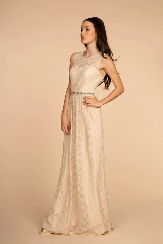 Jewel Embellished Waist Lace Long Dress by Tux-USA