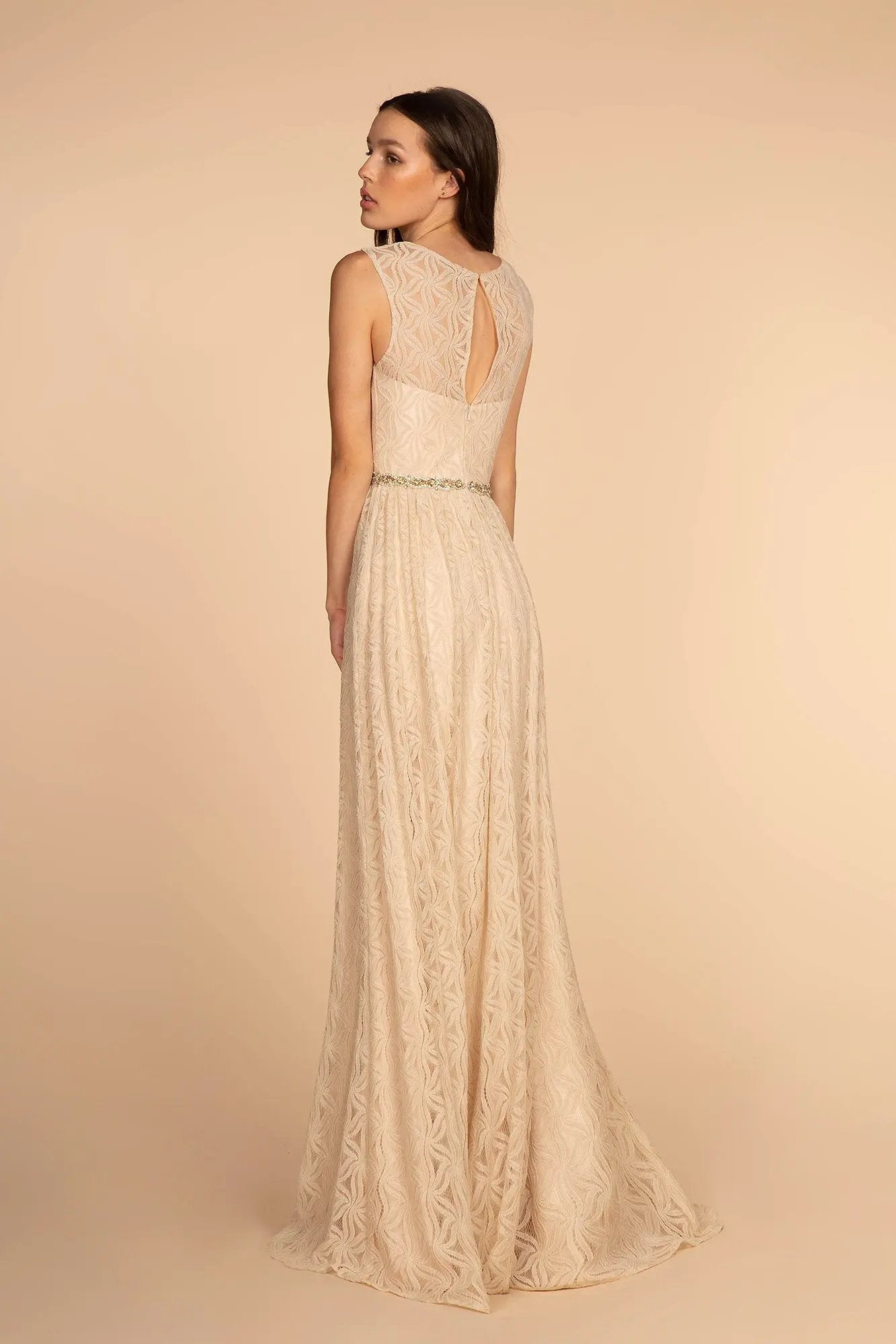Jewel Embellished Waist Lace Long Dress by Tux-USA