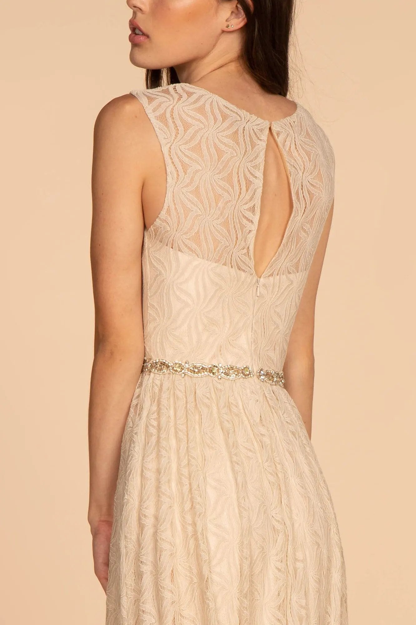 Jewel Embellished Waist Lace Long Dress by Tux-USA