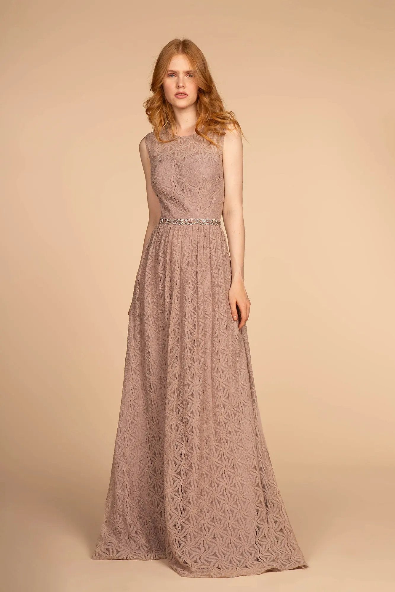 Jewel Embellished Waist Lace Long Dress by Tux-USA