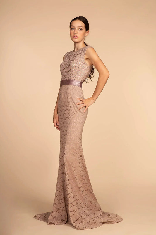 Jewel Embellished Bodice Lace Long Dress by Tux-USA
