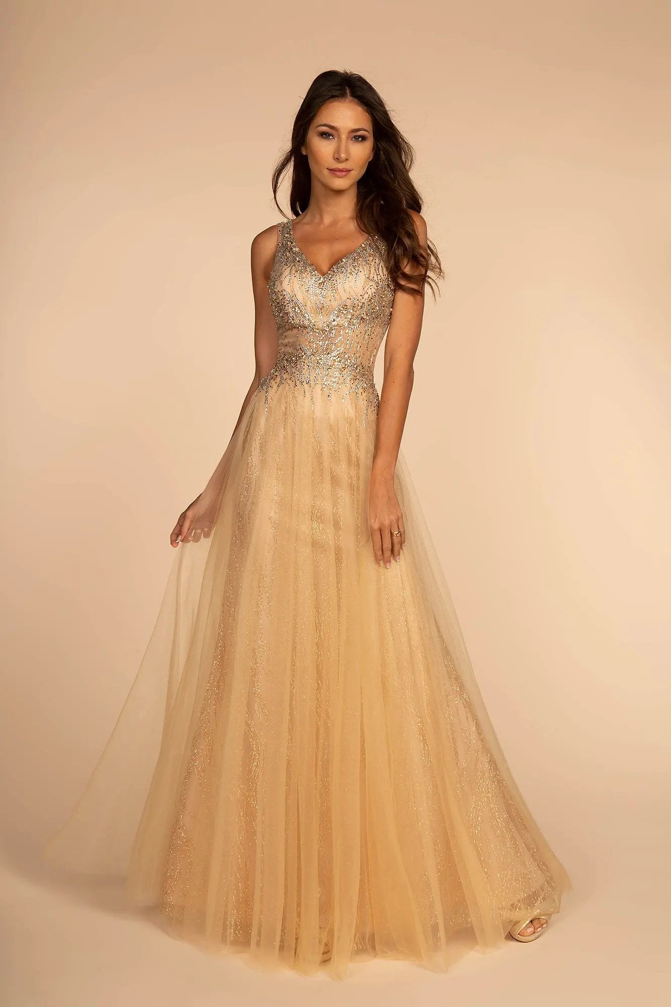 Sheer Bodice V-Neck Glitter Mesh A-Line Dress by Tux-USA