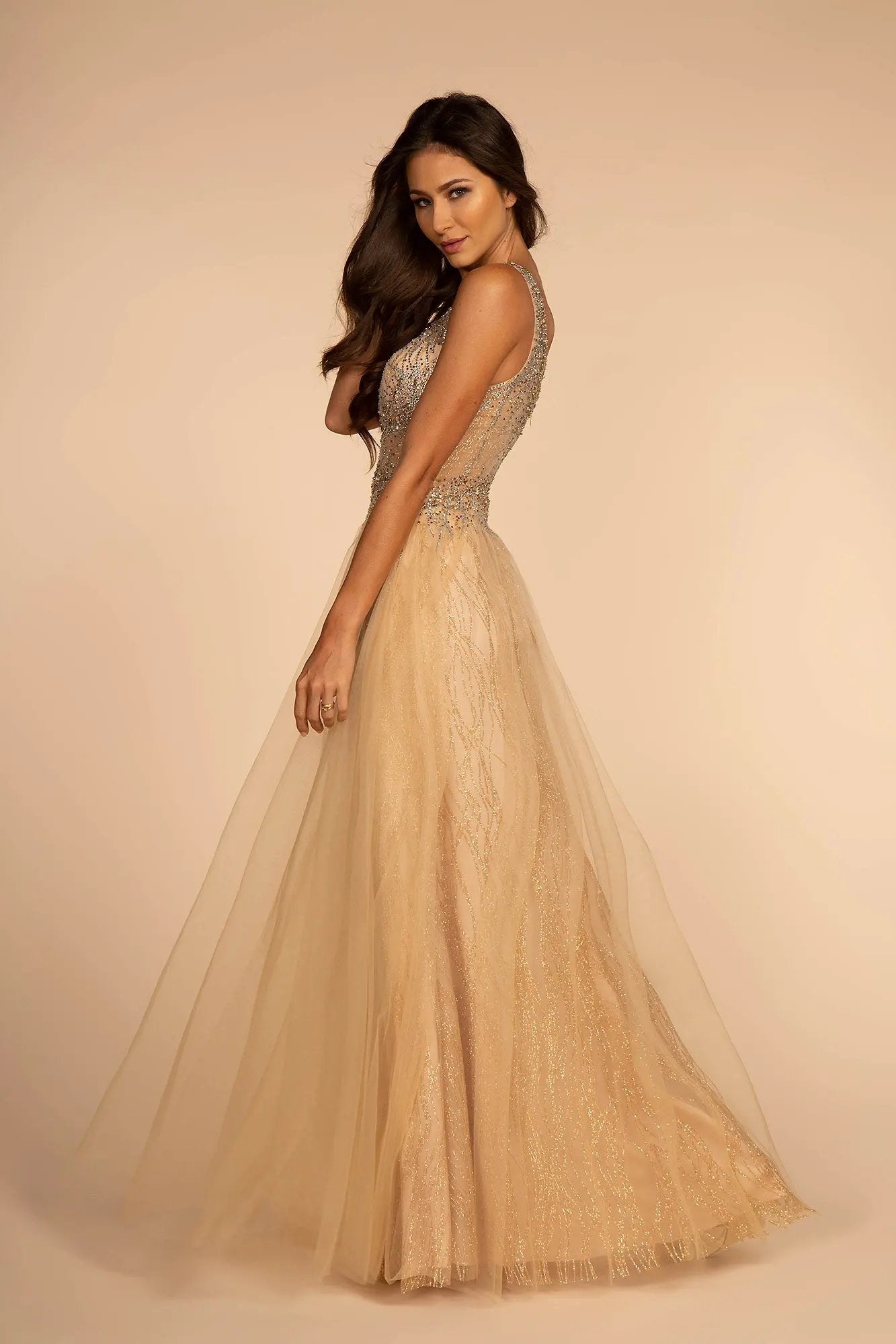 Sheer Bodice V-Neck Glitter Mesh A-Line Dress by Tux-USA