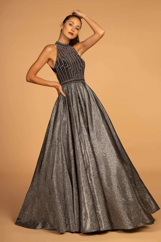 High-Neck Jeweled Bodice Glitter Crepe Ball Gown by Tux-USA