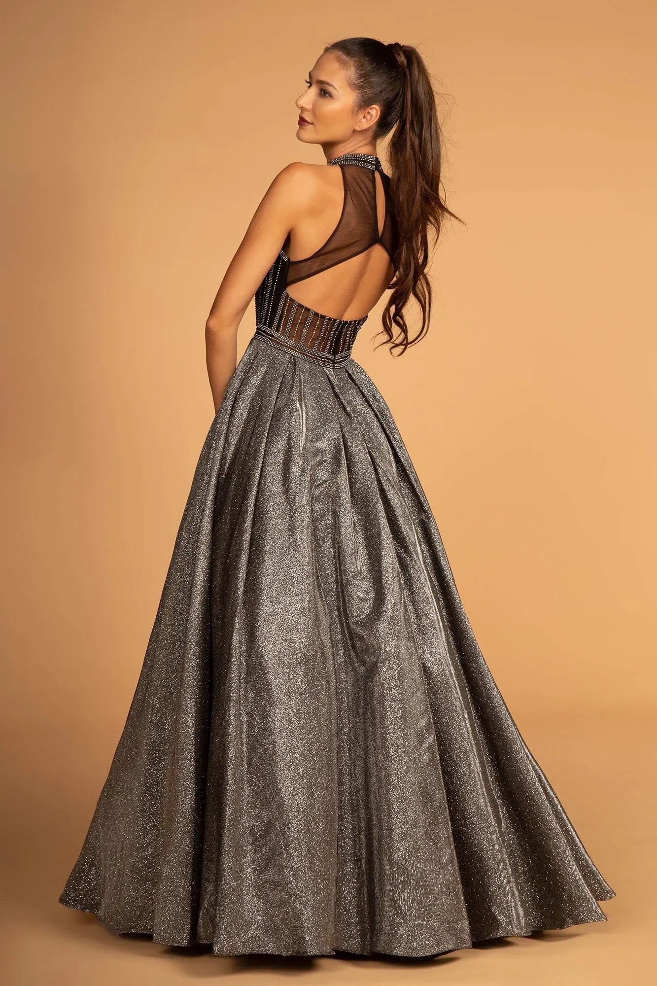 High-Neck Jeweled Bodice Glitter Crepe Ball Gown by Tux-USA
