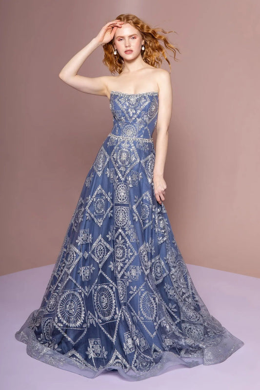 Straight Across Neckline Glitter Mesh A-Line Dress by Tux-USA