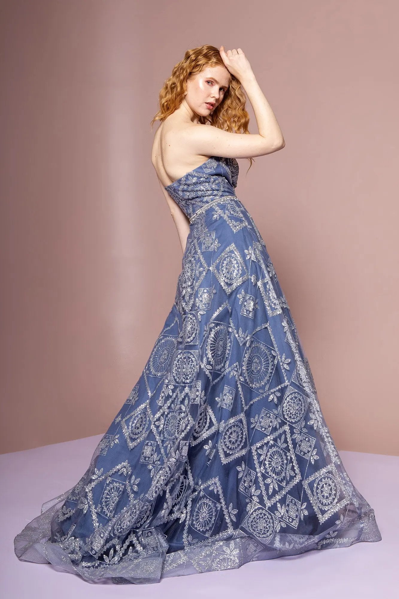Straight Across Neckline Glitter Mesh A-Line Dress by Tux-USA