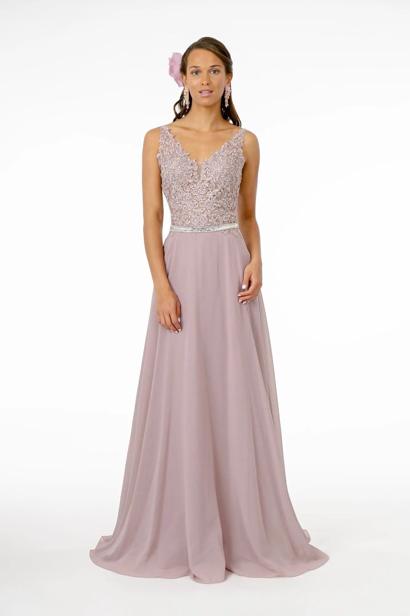 V-Neck Embroidered-Bodice Chiffon Long Dress by Tux-USA