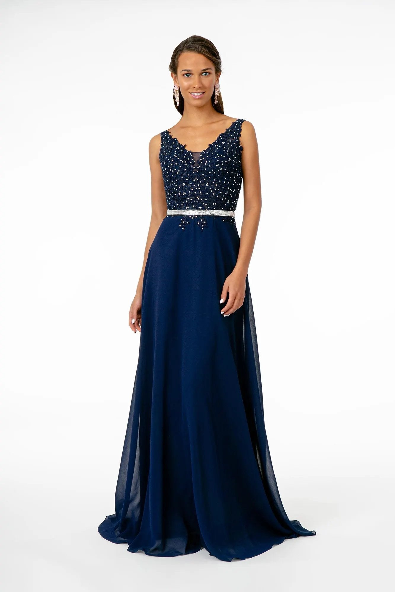 V-Neck Embroidered-Bodice Chiffon Long Dress by Tux-USA