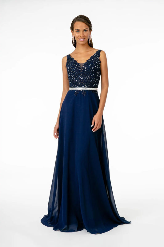 V-Neck Embroidered-Bodice Chiffon Long Dress by Tux-USA