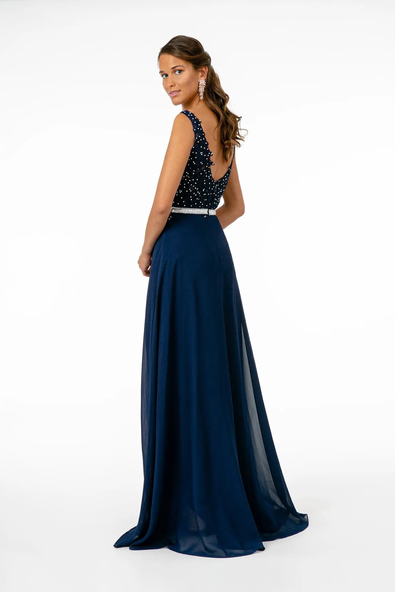 V-Neck Embroidered-Bodice Chiffon Long Dress by Tux-USA