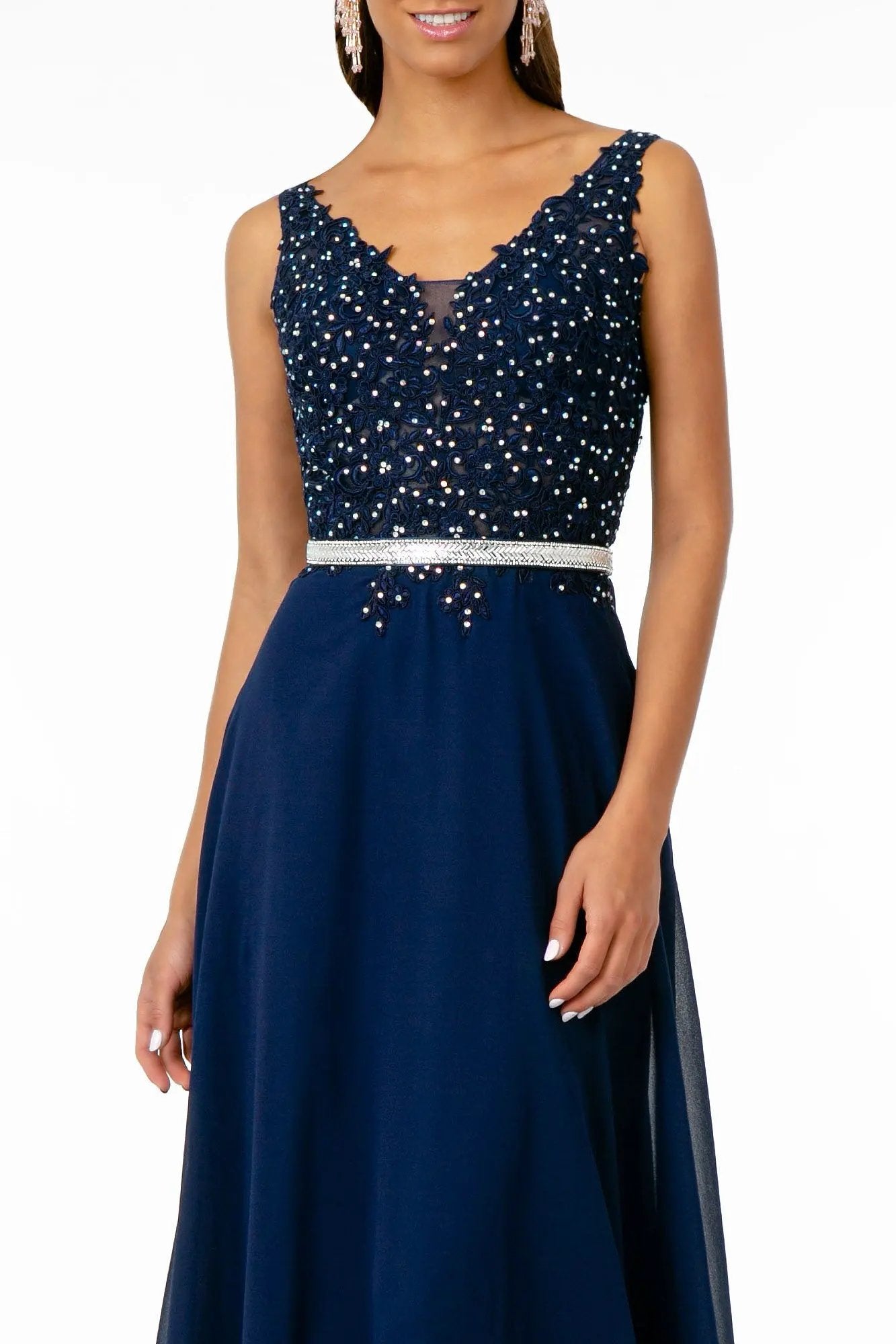 V-Neck Embroidered-Bodice Chiffon Long Dress by Tux-USA
