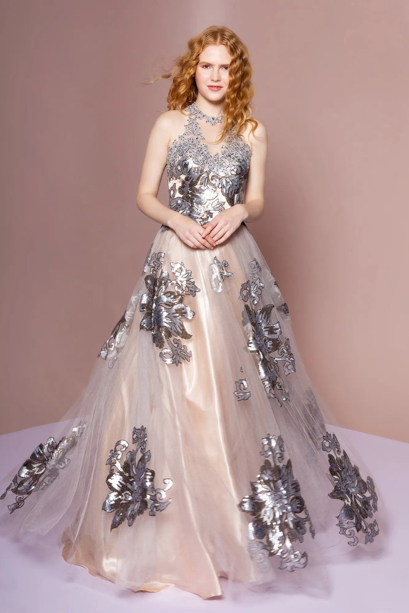 High-Neck Sequin Embellished Tulle A-Line Dress by Tux-USA
