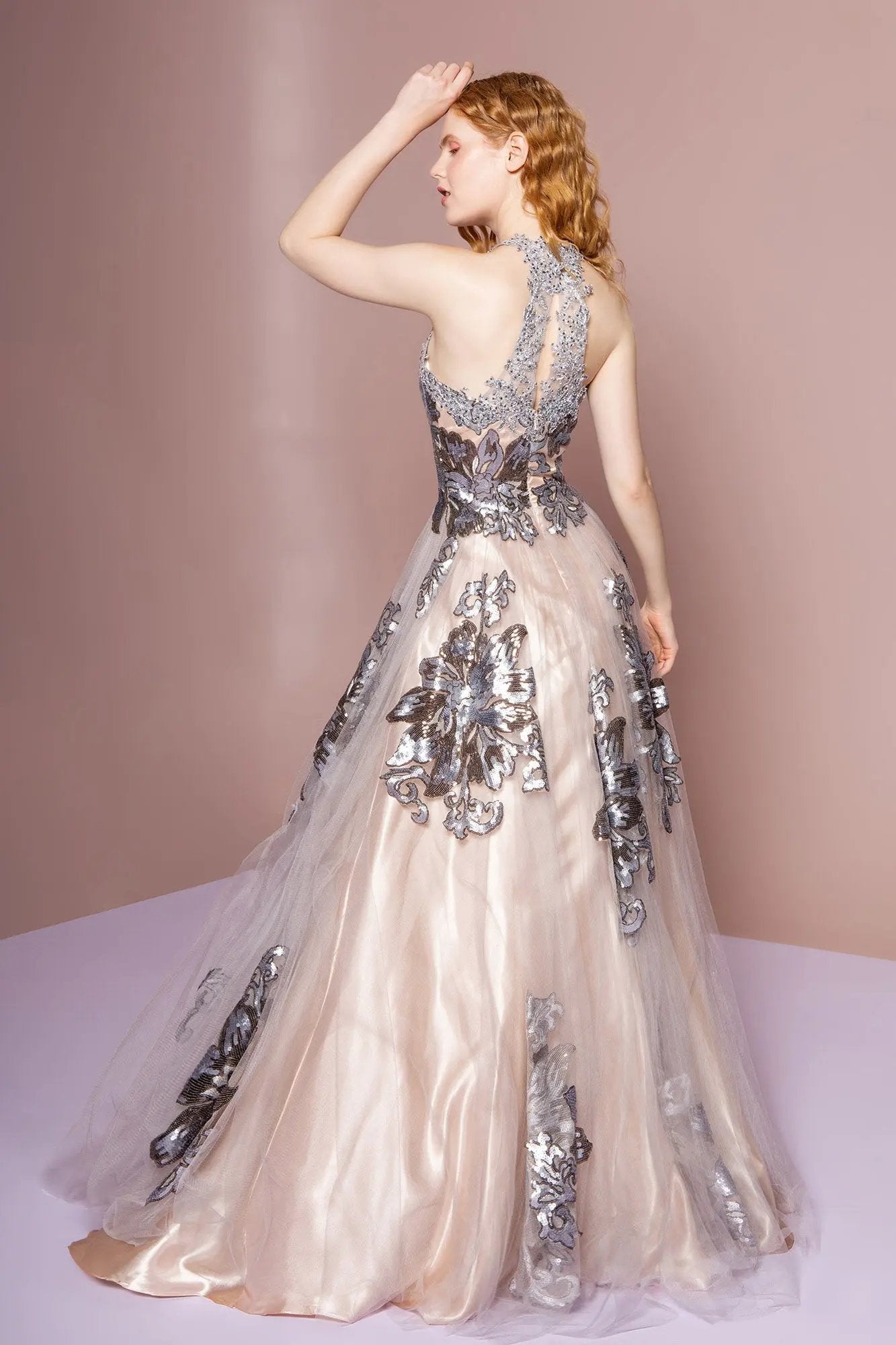 High-Neck Sequin Embellished Tulle A-Line Dress by Tux-USA