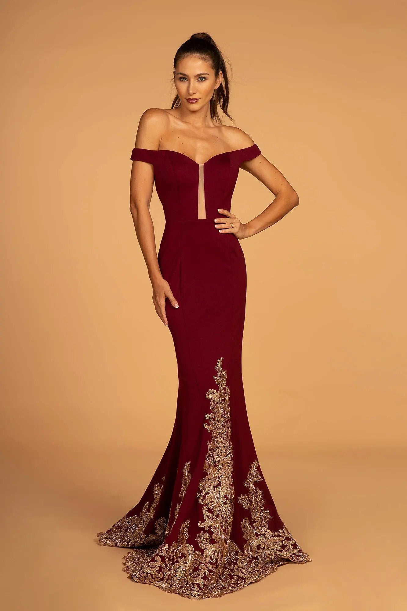 Off-Shoulder Jersey Mermaid Dress w/ Cut-Out Back by Tux-USA