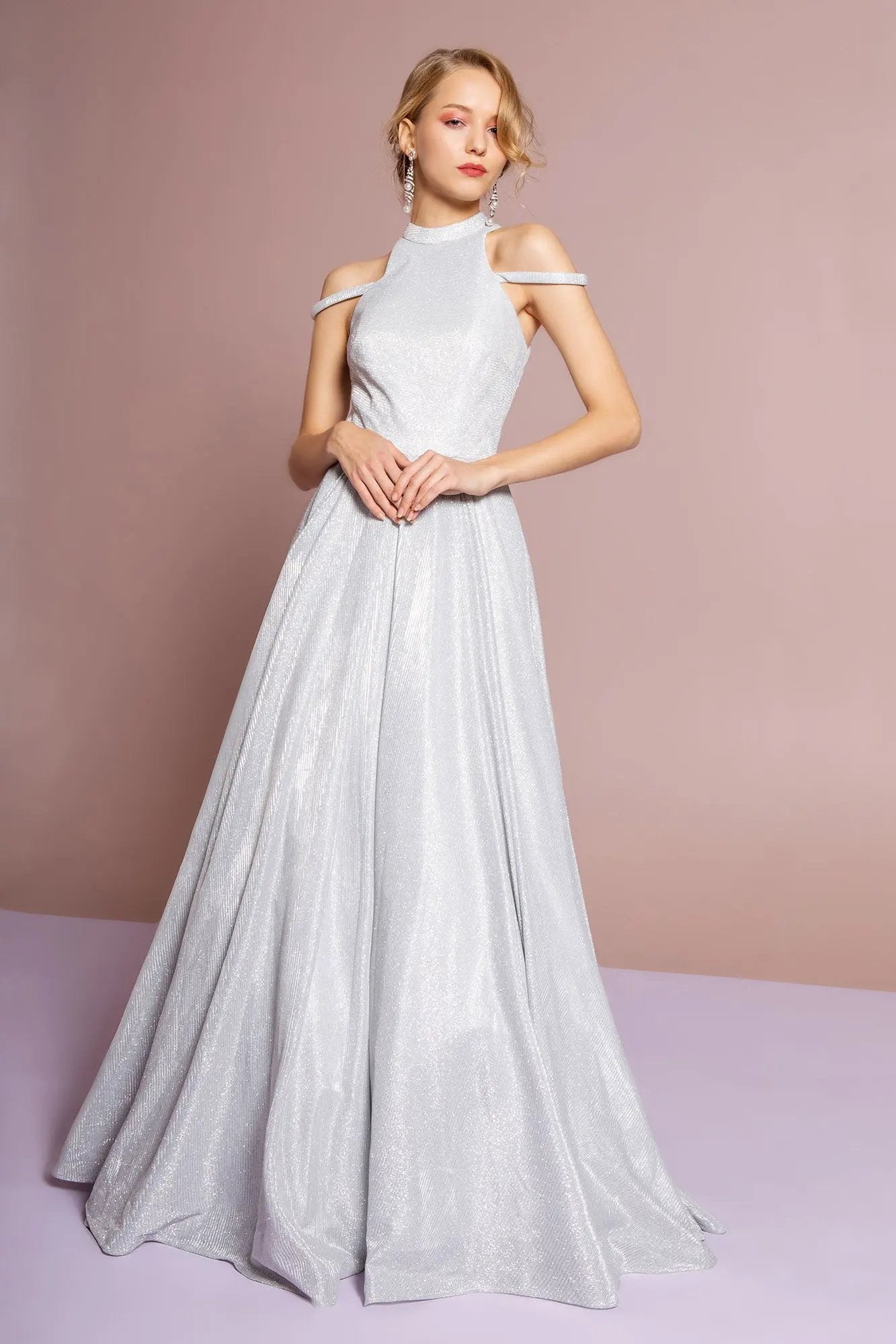 Halter Neck Glitter Crepe A-Line Long Dress by Tux-USA