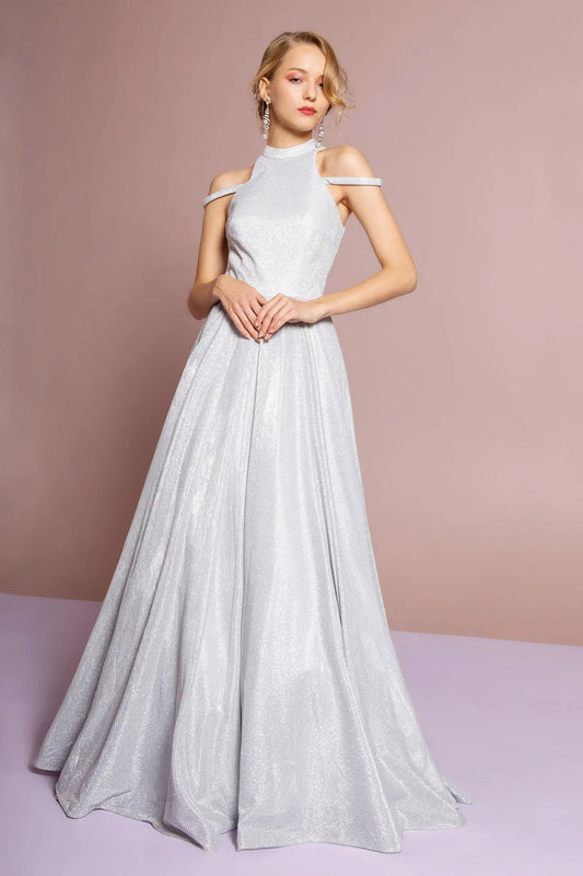 Halter Neck Glitter Crepe A-Line Long Dress by Tux-USA