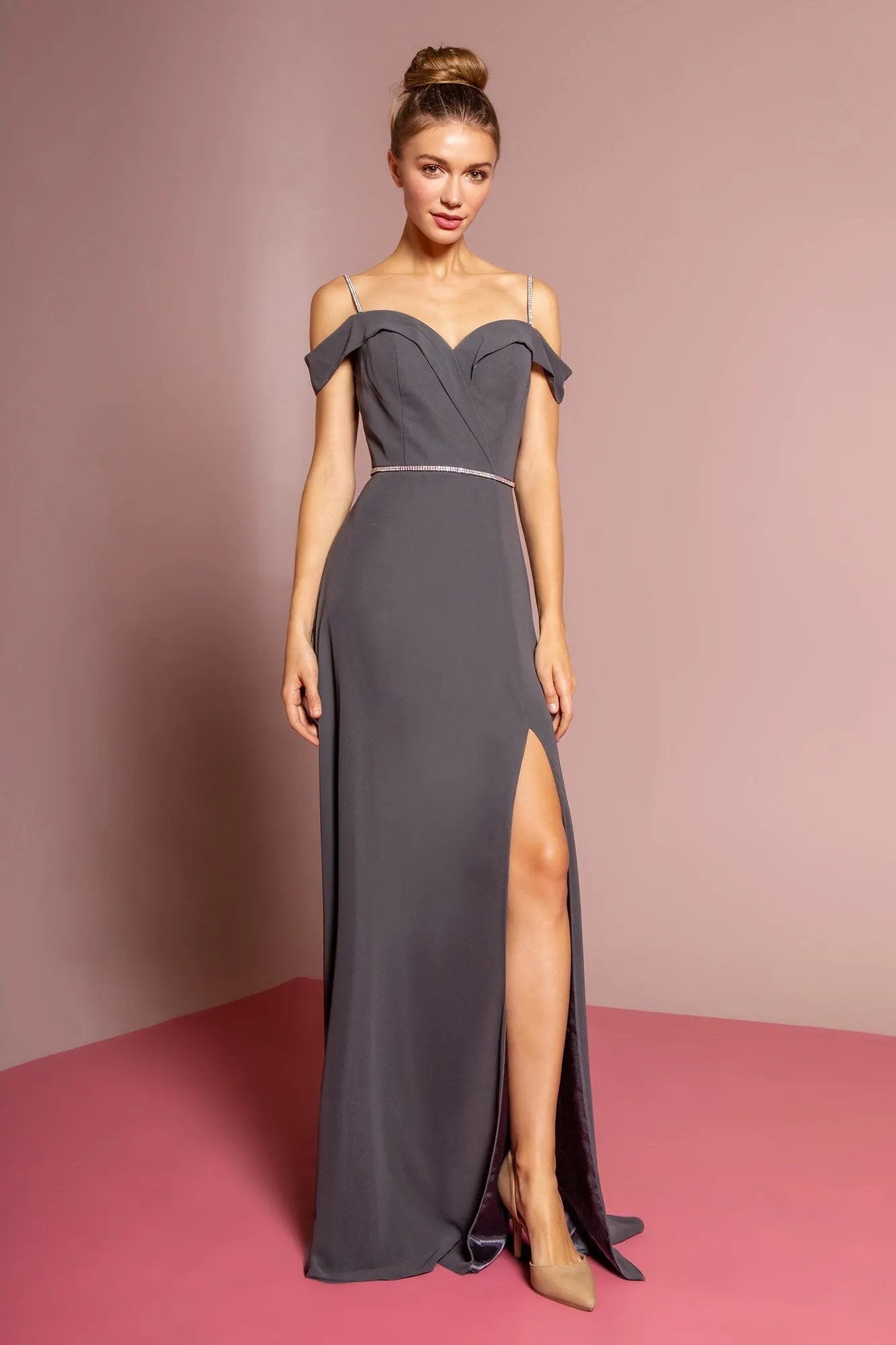 Chiffon Rhinestone Straps Long Dress by Tux-USA