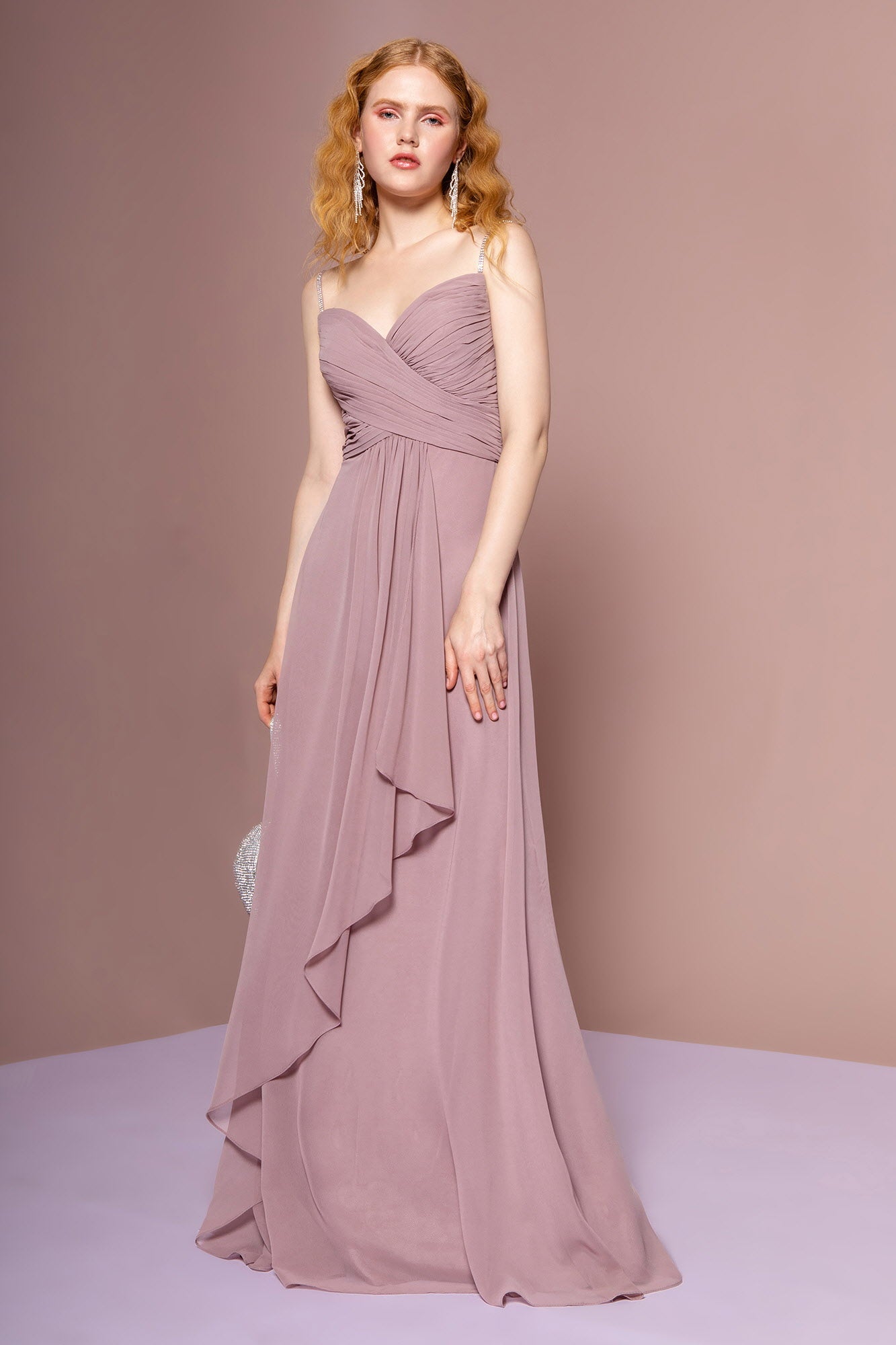 Chiffon Ruched Jewel Straps Long Dress by Tux-USA