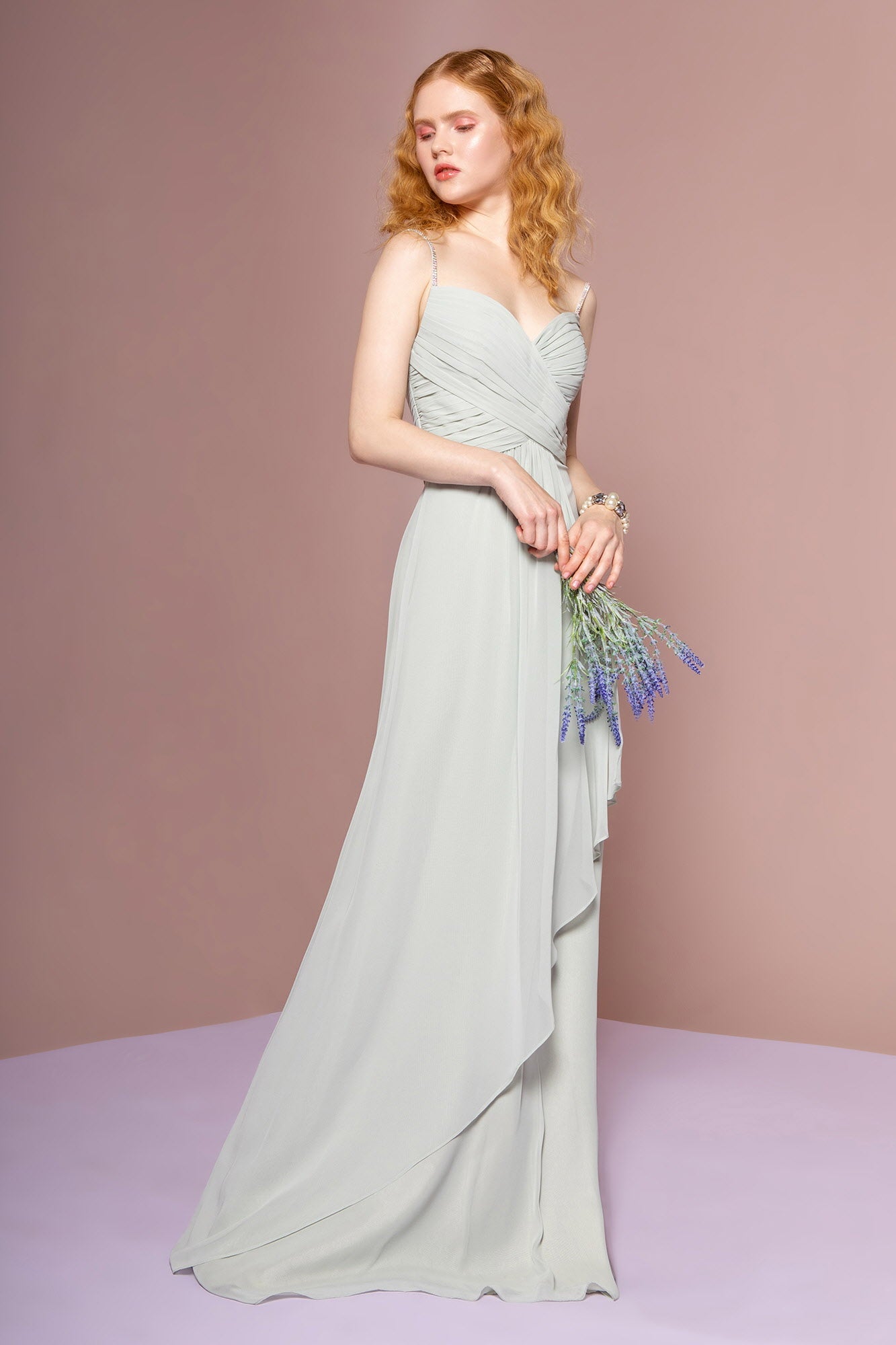 Chiffon Ruched Jewel Straps Long Dress by Tux-USA