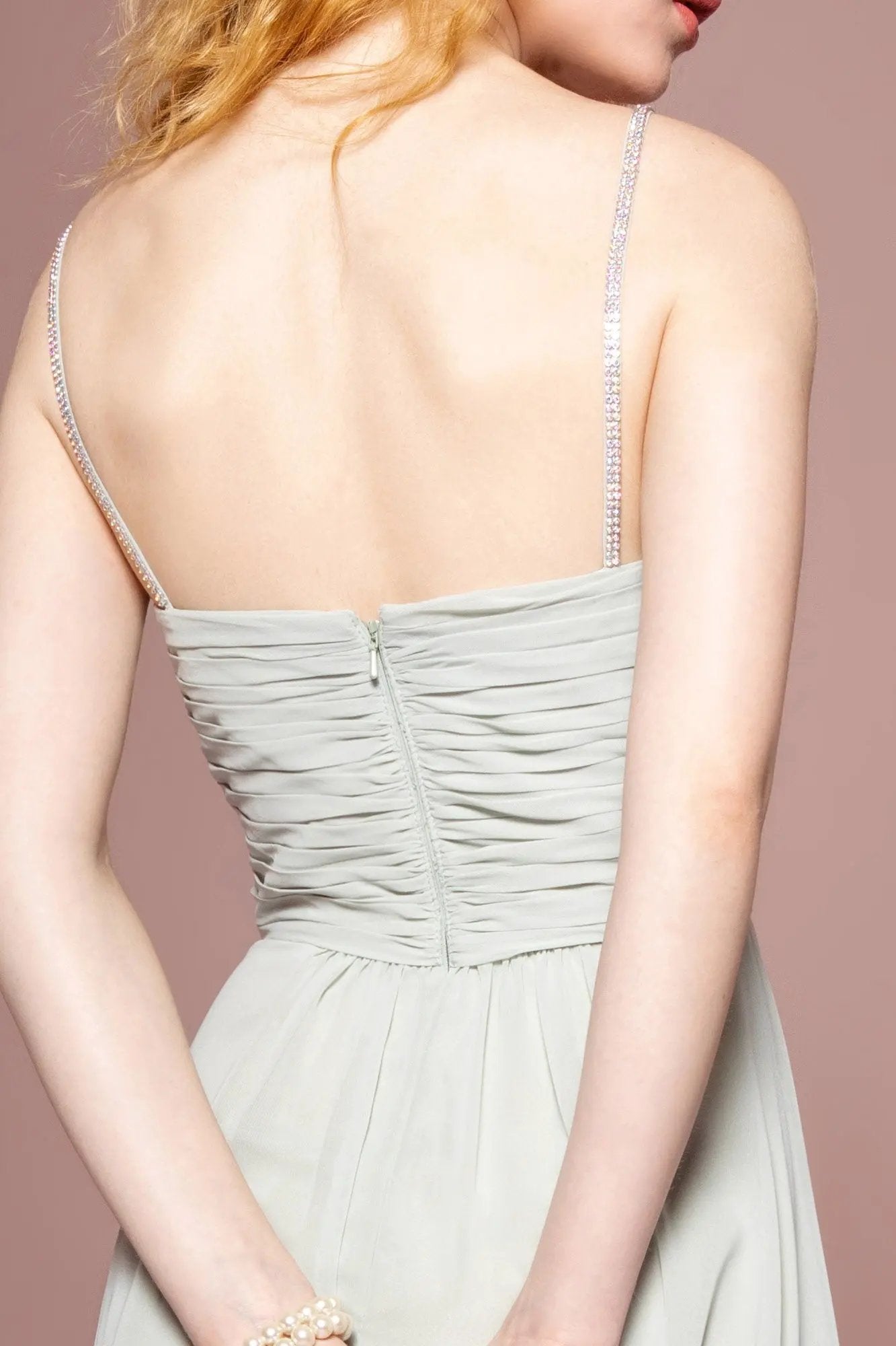 Chiffon Ruched Jewel Straps Long Dress by Tux-USA