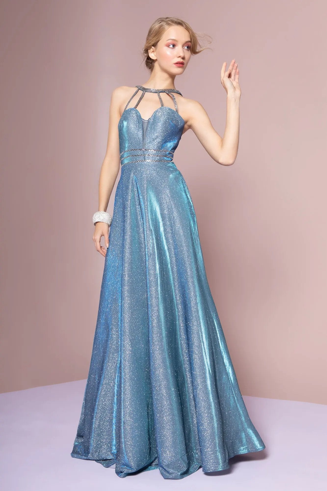 Cut-Out Neckline Glitter Crepe Sleeveless A-Line Dress by Tux-USA
