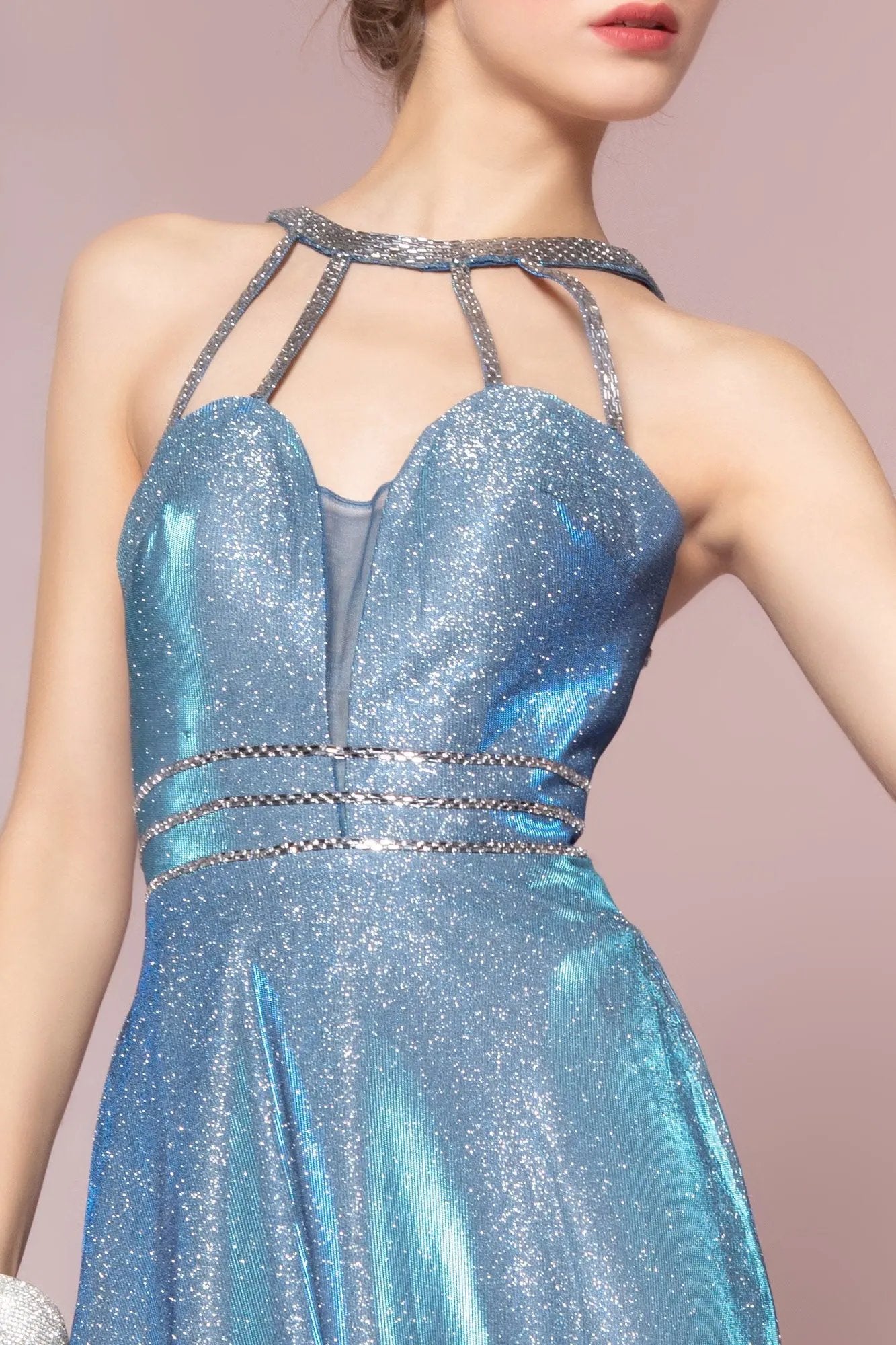 Cut-Out Neckline Glitter Crepe Sleeveless A-Line Dress by Tux-USA