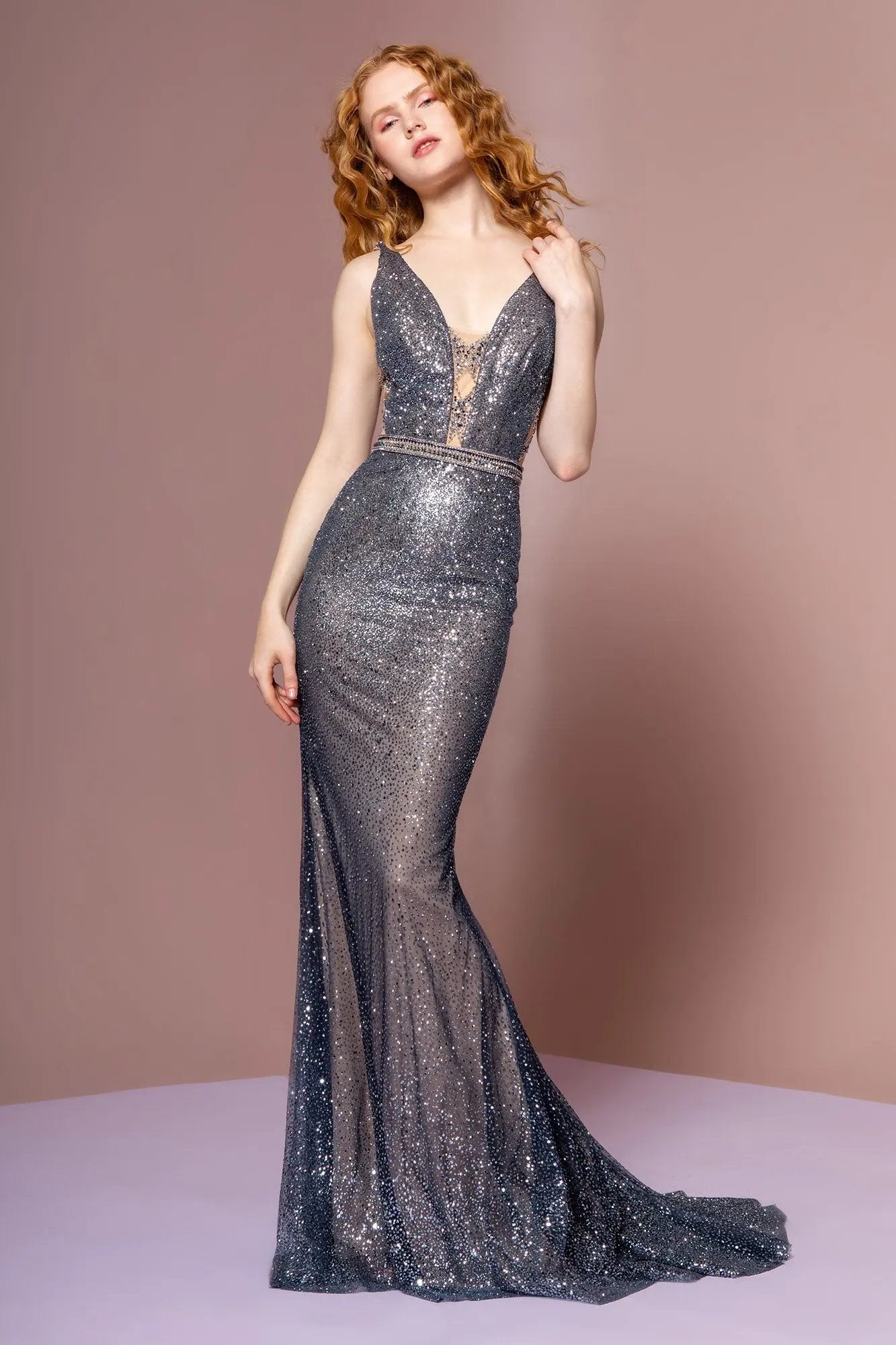 Glitter Mesh V-Neck Mermaid Long Dress by Tux-USA