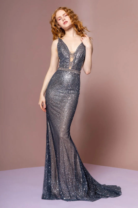 Glitter Mesh V-Neck Mermaid Long Dress by Tux-USA