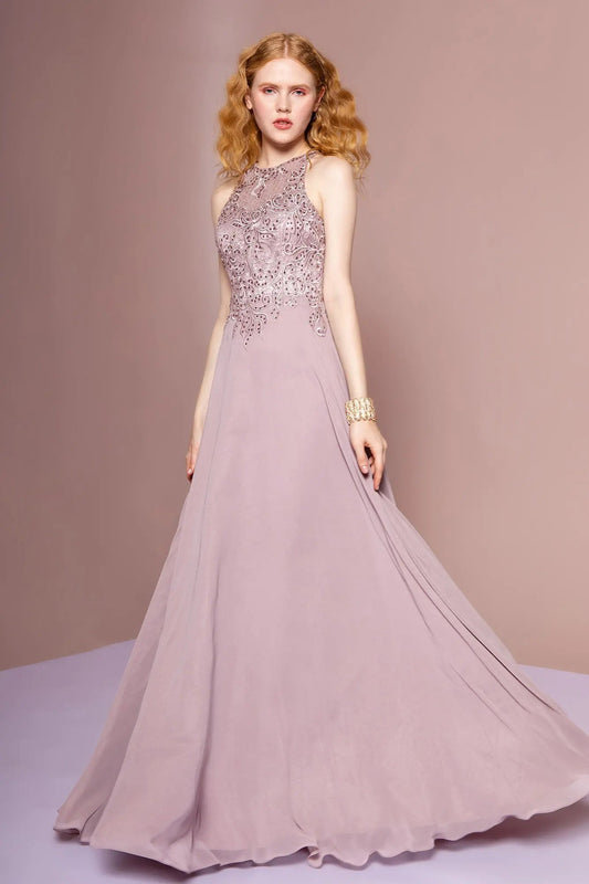 Embroidered Bodice Chiffon A-Line Long Dress by Tux-USA