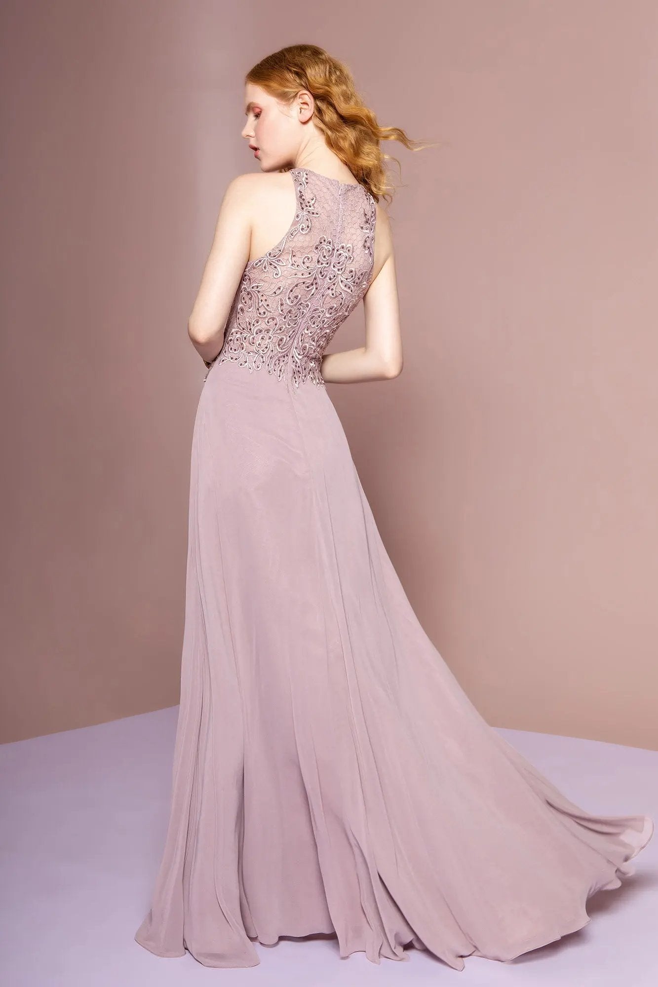 Embroidered Bodice Chiffon A-Line Long Dress by Tux-USA