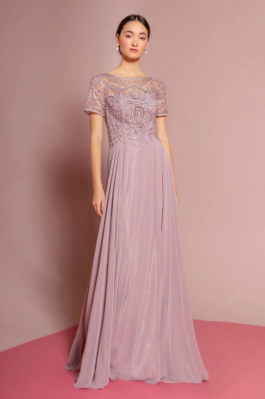 Beaded Bodice Cap Sleeve A-Line Chiffon Dress by Tux-USA