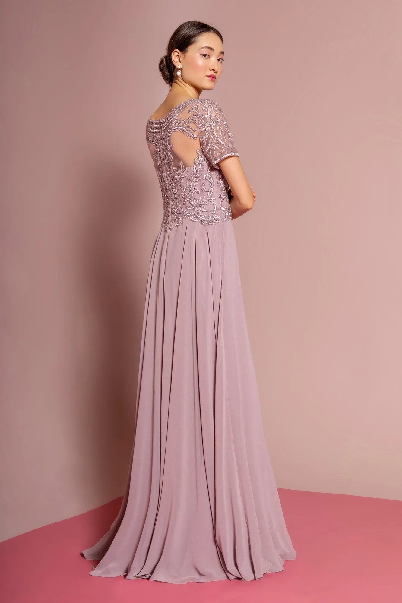 Beaded Bodice Cap Sleeve A-Line Chiffon Dress by Tux-USA