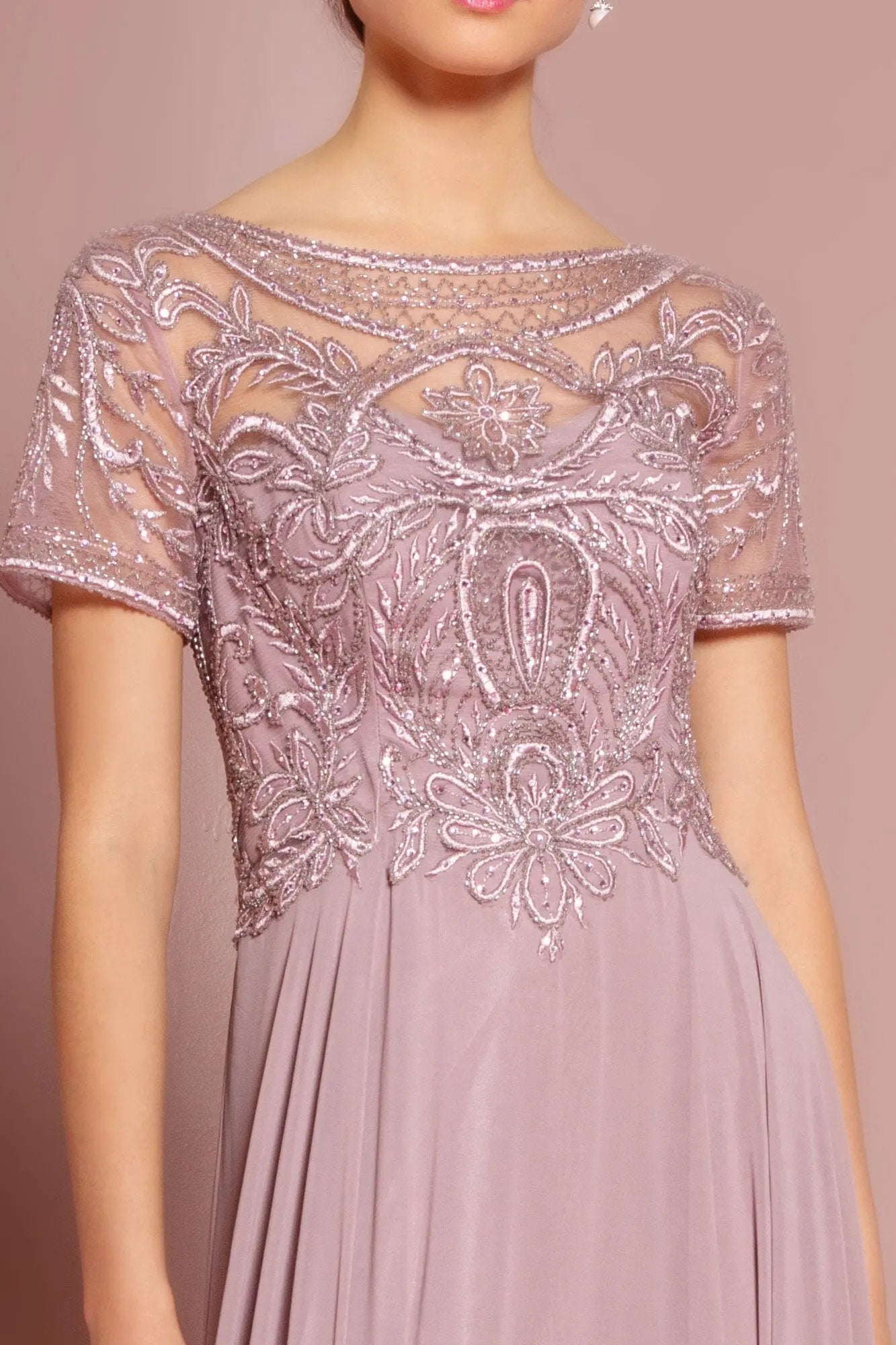 Beaded Bodice Cap Sleeve A-Line Chiffon Dress by Tux-USA