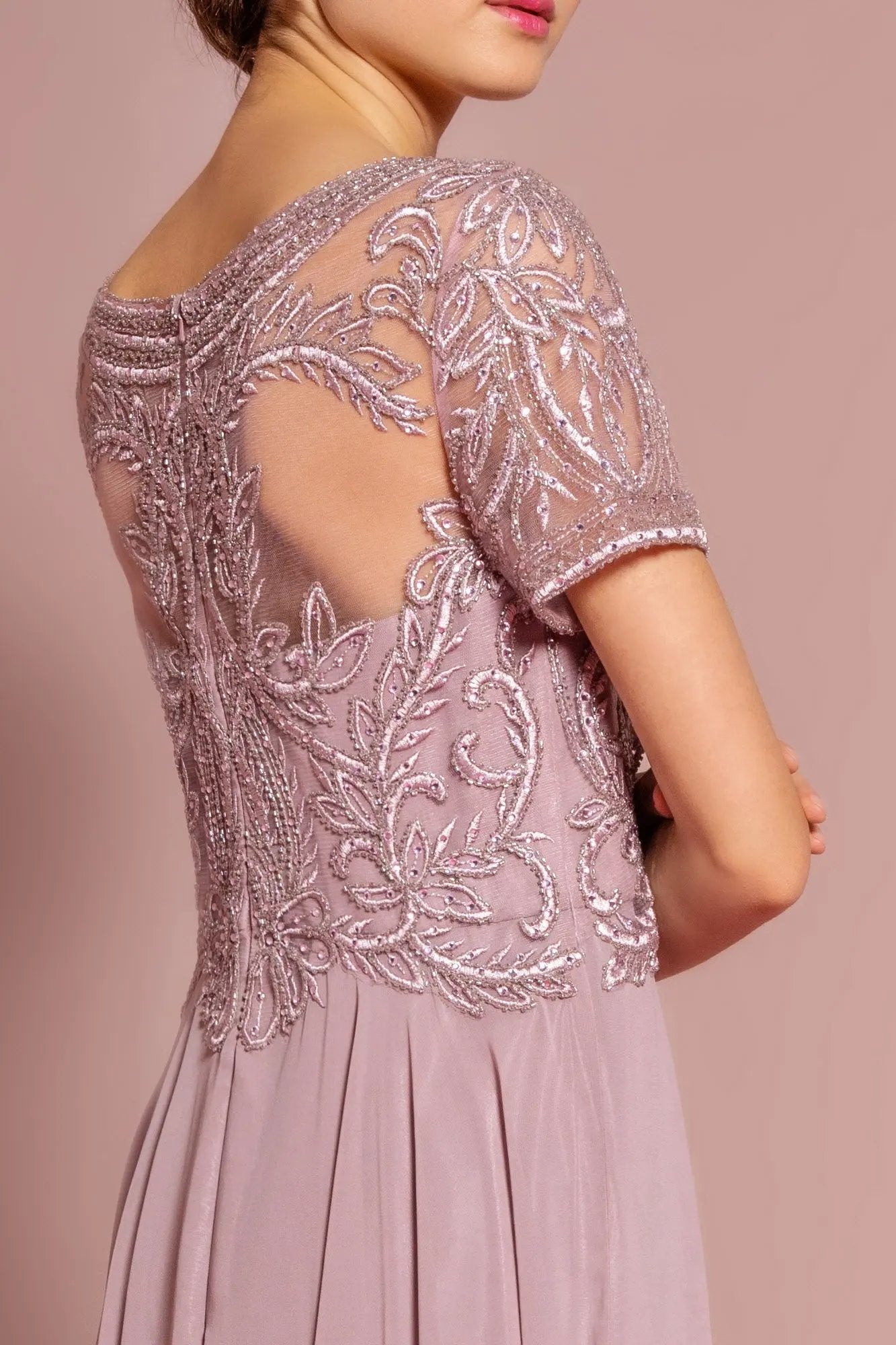 Beaded Bodice Cap Sleeve A-Line Chiffon Dress by Tux-USA