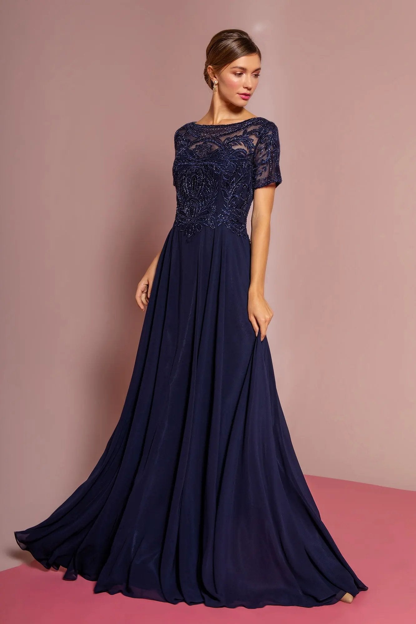 Beaded Bodice Cap Sleeve A-Line Chiffon Dress by Tux-USA